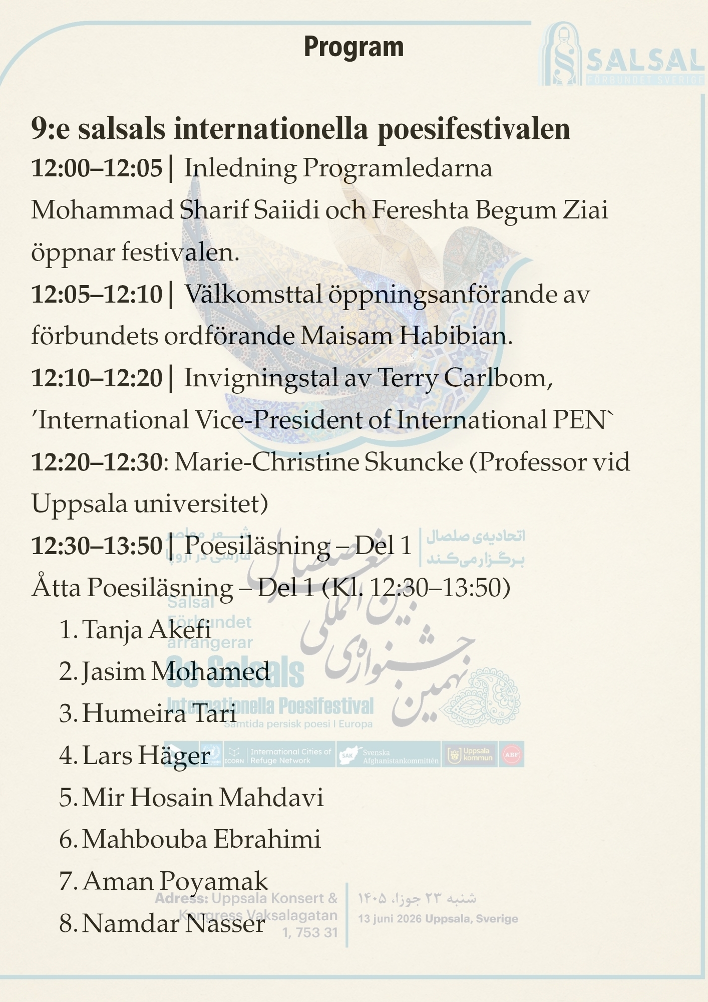 Nionde salsals internationella poesifestivals upplägg