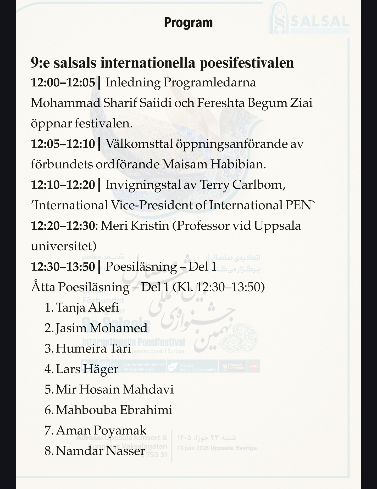Nionde salsals internationella poesifestivals upplägg